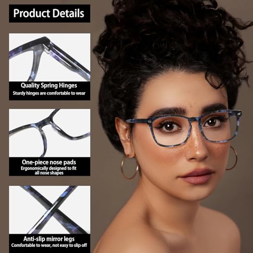 Image of Henotin 5-Pack Blue Light Blocking Reading Glasses Women Men,Spring Hinge Computer Readers,Anti UV Ray Square Nerd Eyeglasses (Mixed Color-D, 0.00)
