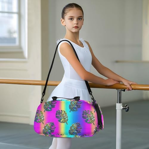 Duffle Bag for Boys or Girls with Shoes Compartment, Laser Rainbow Leaf Sports Travel Bag Overnight3