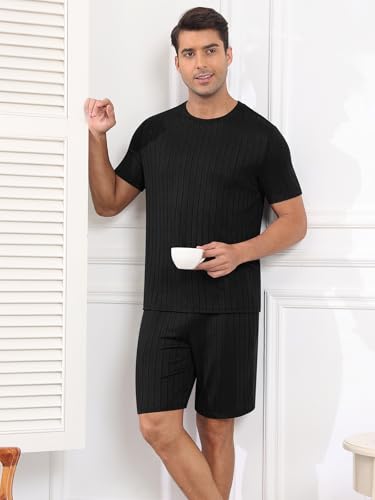RQP Men's Pajama Set Summer Lightweight Ribbed Lounge Wear Breathable 2 Piece SleepShorts & Tee,Stretch Home Outfits for Men3