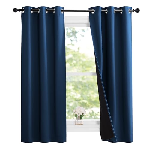 Image of NICETOWN 100% Blackout Short Curtains with Black Liners, 2 Panels, 37 inchW by 63 inchL, Moroccan Blue, Solid Thermal Insulated Full Blackout 2-Layer Lined Drapes, Energy Efficiency Window Drapes for Bedroom
