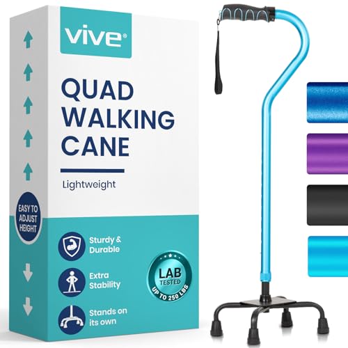 Vive Quad Cane - Walking Stick for Men and Women - Lightweight Adjustable Staff - Comfortable Right and Left Hand Grip for Stability Support - Four Prong Sturdy Aluminum Travel Aid - 4 Tip Blue