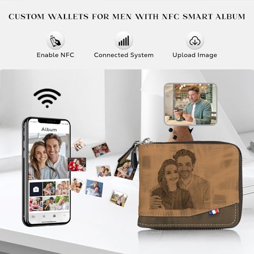 Personalized Wallet for Men – Custom Engraved Leather Wallet with NFC Smart Album – Store Photos & Engrave Name/Text – Unique Gift for Husband, Boyfriend, Dad (Light Brown - With Zipper)2