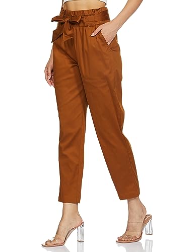 Image of Amazon Brand - Symbol Women's Slim High Rise Ankle Length Tapered Paper Bag Formal Trousers (with Self Fabric Belt) (Available in Plus Sizes)