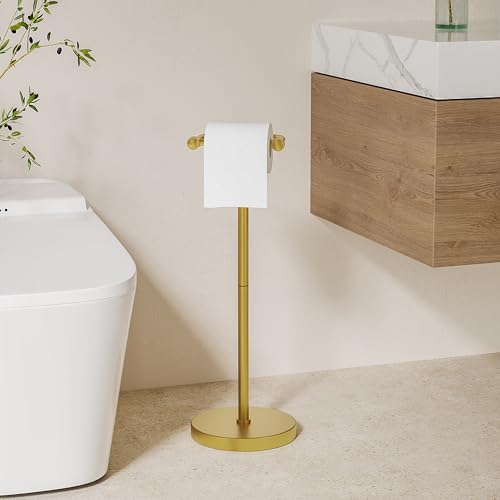 Image of Toilet Paper Holder Stand, Modern Bathroom Free Standing Toilet Paper Roll Holder, Post Pivoting Toilet Paper Stand with Stainless Steel Tissue Rack, Rust-Proof & Heavy Stable Base(Brushed Gold)