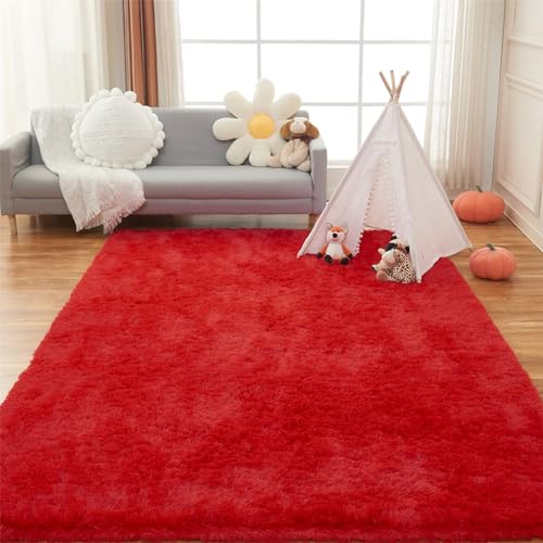 Tapete peludo rojo 8x10 para sala miniatura 6