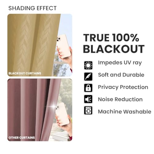 Image of LINENWALAS 100% True Blackout Curtains 6.5 Feet Long - 1 Panel Curtain, Herringbone Embossed Design Complete Light Block, Thermal Insulated & Noise Reducing Room Darkening Curtains (Golden Beige)