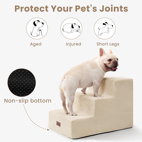 Image of Aodisman Dog Stairs for Small Dogs,Wider 3-Step Pet Steps for Couch & Bed | High-Density Foam Dog Steps with Anti-Slip Bottom,Easy for Puppies,Older Cats & Dogs to Reach Sofas & Chairs,Beige,15.7 inch H