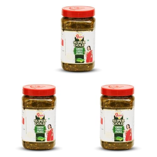 Image of 9AM Super Gold Green Chilli Pickle 900g - Spicy & Flavorful Indian Pickle (Pack of 3)