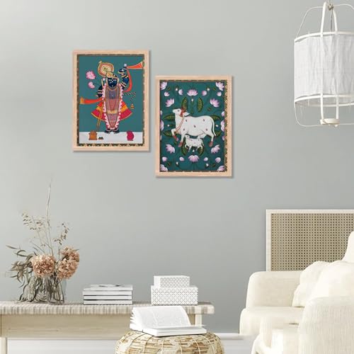 Image of kotart Traditional Indian Wall Art Painting Set of 2 | Kamdhenu Cow Design | MDF Wooden Framed Spiritual Wall Decor for Living Room, Pooja Room & Home (Art 8, 20x30 Inch)
