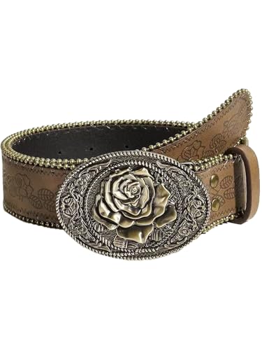 Bounzhi Brown Western Belt for Women Cowgirls Cowboys Leather Belt for Jeans Pant Country Belt with Vintage Buckle
