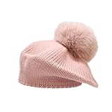 YM YOUMU Women Knitted Beret Hat with Detachable Faux Fur Pompom Winter Warm Skull Cap French Bennie Pink