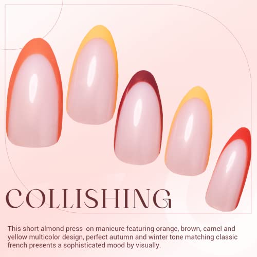 French Tip Press On Nails Short Almond, Medium Winter Fall Fake Nails With Design, Autumn Rainbow Uv Finish Short Pointed Almond Shape Nude False Nails, Transparent Reusable Stick Glue On Nails Kit For Women,Lacheer #TOP5
