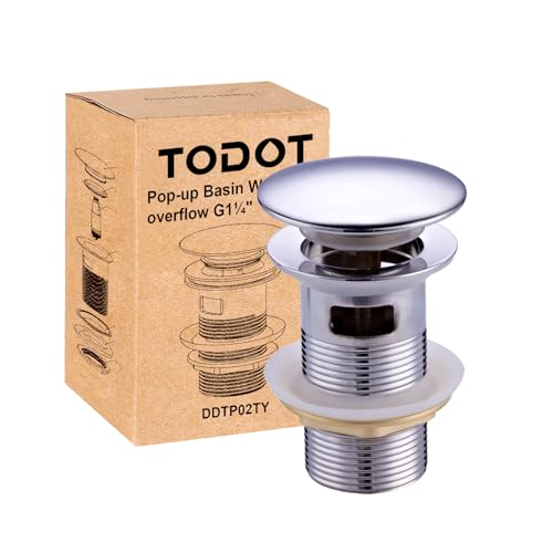 TODOT Bonde de lavabo Pop-up Chromé, Salle de Bain Vidage Clapet Push Open G 1 ¼ (Chromé avec Trop-plein L)