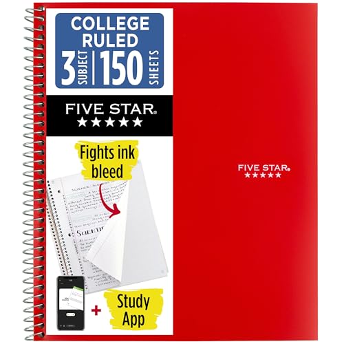 Image of Five Star Spiral Notebook + Study App, 3 Subject, College Ruled Paper, 8-1 /2 inch x 11 inch, 150 Sheets, Fights Ink Bleed, Water Resistant Cover, Fire Red (72065)
