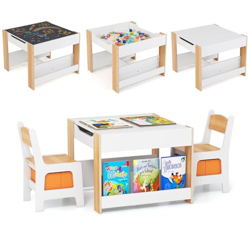 Image of GLACER Kids Table and Chairs, 4 in 1 Wooden Activity Table with Bookshelves, Reversible Tabletop, Chalkboard for Crafts, Drawing, Toddler Table and Chair Set, Easy to Clean (White + Natural)