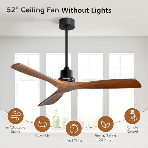 Sofucor 52 inch Ceiling Fan No Light, Solid Wood Indoor/Outdoor Ceiling Fans Without Lights, Remote Control, Reversible DC Motor, 3 Blade Low Profile Ceiling Fans for Patios, Bedroom, Farmhouse thumbnail 4