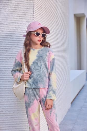 Image of Arshiner Girls 2 Piece Outfits Kids Tie Dye Sweatsuits Set Long Sleeve Shirt and Pants Set Size 5-14 Y
