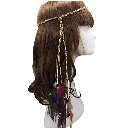 WLBON Feather Headband Hippie Indian Boho Hair Bands Tassel Bohemian Halloween Hair Hoop Women Crown Hairband Party Decoration Headdress Cosplay Costume Handmade Headpiece Hair Accessories Peacock