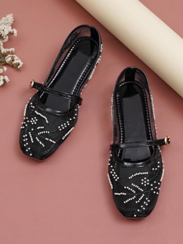 Image of TRYME Women's Elegant Mesh Mary Jane Ballerina Flats | Trendy Slip-On Comfortable Casual Flats Special Occasions