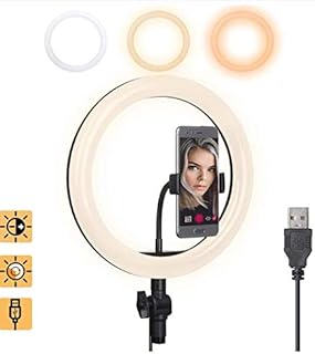 حلقة إضاءة ليد 25.5 سم - حلقة إضاءة على شكل حرف O مع حامل موبايل، 3 ألوان قابلة للتعتيم و10 مستويات سطوع، إضاءة ليد للموبايل والبث والتصوير الفوتوغرافي والمكياج من ميا