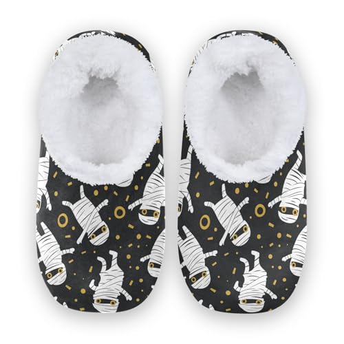 Halloween Mummy Fuzzy Memory Foam Closed Back Slippers for Women Men Knit Fleece Lined House Shoes with Anti-Skid Sole Warm Socks for Hotel Outdoor Indoor Bedroom
