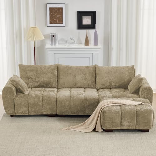 Image of 112 inch Mid Century Modern L Shaped Couch, 3 Seater Modular Sectional Sofa with Movable Ottoman, Deep Seat and Solid Wood Legs, Cloud Couch for Living Room, Chenille Tufted Sofa, Brown