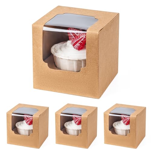 Image of BOOMIBOO 25 Pack Individual Cupcake Containers, Cupcake Boxes with Window, Food Grade Cupcake Holders with Inserts, Stackable Deep Cupcake Carrier Easy Transport and Presentation (Brown)