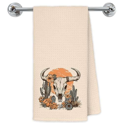 Exqcom Vintage Western Cow Skull Kitchen Towels, Boho Western Hand Towels for Bathroom Kitchen, Retro Country Southwestern Cactus Decorative Dish Towels Drying Cloth, 16x24 Inch