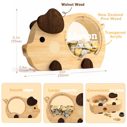 Image of Personalized Piggy Bank for Kids, Cute Money Bank for Boys, Clear Coin Bank with Plug, Wood Kids Bank Toy Unbreakable Money Box, Gift for Children Birthday Christmas and Festival