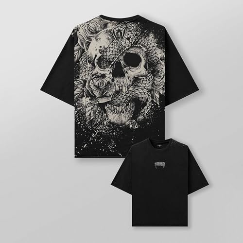 Men’s Oversized Skull Graphic T-Shirt Vintage Wash Streetwear Tee for Gym Running Casual Drop-Shoulder2