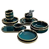 Vajilla de cerámica verde oscuro de 21 piezas, elegante vajilla de porcelana para 6 personas, incluye cuencos y platos, perfecto para la cocina en casa y reuniones nocturnas
