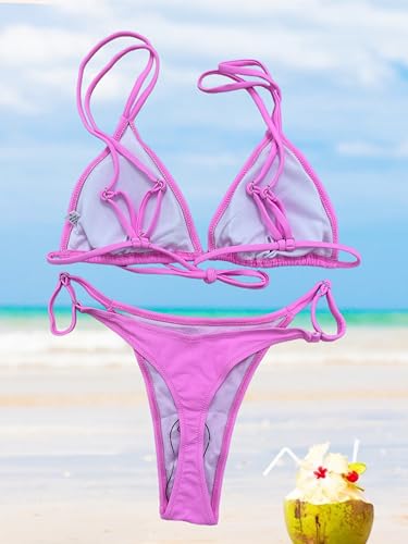 Image of Women's Sexy Thong Bottom Two Piece Bikini Double Shoulder Straps Cute Swimsuit Triangle Bathing Suit