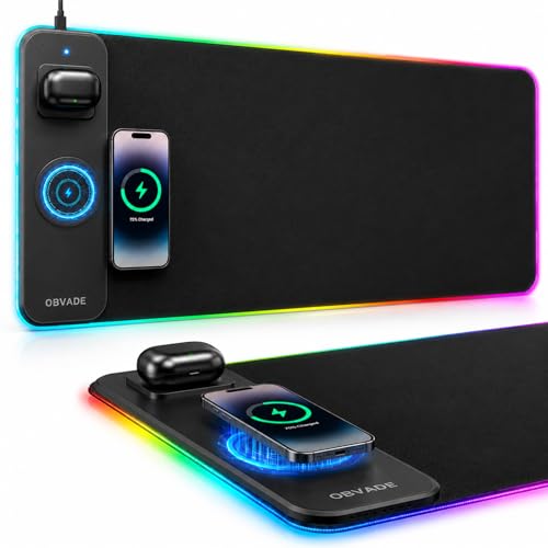 Image of Gaming RGB Mouse Pad Wireless Charging XXL Desk Mat for Keyboard 15w Fast Charger 11 Led Light Modes Non-Slip Large Office Desk Pads on Top of Desks