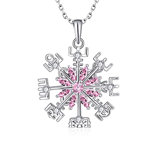 JO WISDOM Plata 925 Vikingo Vegvisir Copo de Nieve Colgante Collar para Mujer con Rosa circonita Cover