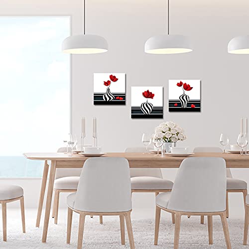 Canvbay 3 Pieces Abstract Red Flower Canvas Wall Art Still Life Canvas Painting Prints Flower On Black And White Vases Picture For Bathroom Hallway Decor Stretched 12X12Inchx3Pcs #TOP2
