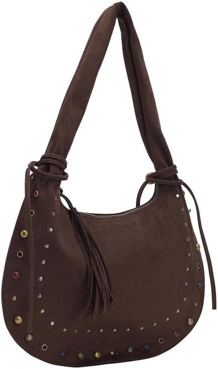 URBAN REVIVO Women's Suede Half-Moon Shoulder Bag – Studded Tassel Crossbody Purse, Boho Vintage Handbag for Music Festivals, Spring Outings - Image 4