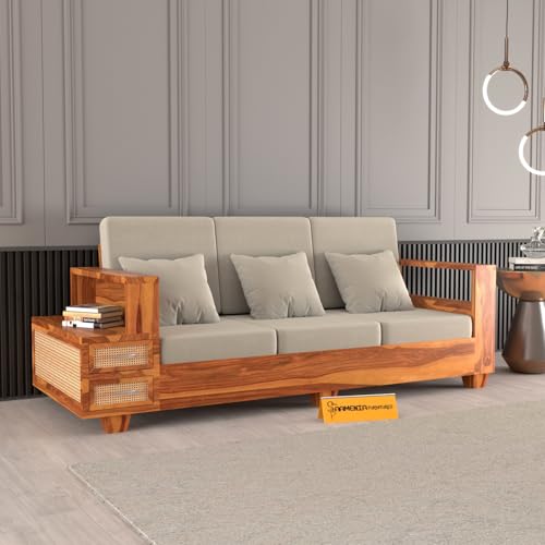 Image of Sheesham Wood 3 Seater Sofa | 3 Seater Sofa with 2 Drawer Storage | Wooden Sofa Set Furniture for Living Room Home Office (Natural Cane,Honey Finish)