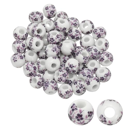 PATIKIL 50 Pcs Cuentas De Cerámica Para Hacer Joyería, 8mm Cuentas De Porcelana Estampadas Con Flores Suministros De Abalorios Hechos A Mano Esmaltados Para Pendientes, Orquídea Púrpura