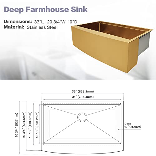 Image of Gold Farmhouse Kitchen Sink, 16 Gauge SUS304 Stainless Steel Farm Sinks, All In One Workstation Sink with Ledge & Accessories, 33 inch x 20 inch x 10 inch Large and Deep Gold Undermount Kitchen Sink