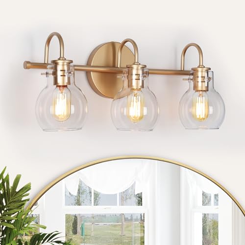 Image of KSANA 3-Light Gold Bathroom Light Fixtures Over Mirror, 22'' Modern Vanity Lights Lighting with Clear Glass Globe