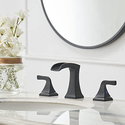 3-Hole-Widespread-Bathroom-Faucet-Two-Handle-8-Inch-Matte-Black-Bathroom-Sink-Faucets-Parts-with-Pop-Up-Drain-Assembly-Deck-Mount-Lacquer-Vanity-Stylish-Modern-Supply-Hose-Lead-Free 3 Hole Widespread Bathroom Faucet Two Handle 8 Inch Matte Black Bathroom Sink Faucets Parts with Pop Up Drain Assembly Deck Mount Lacquer Vanity Stylish Modern Supply Hose Lead Free