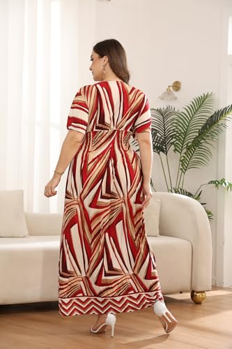 Image of OSTOO Women's Plus Size Hawaii Empire Waist Bat Short Sleeve Casual Floral Print Boho Maxi Dress