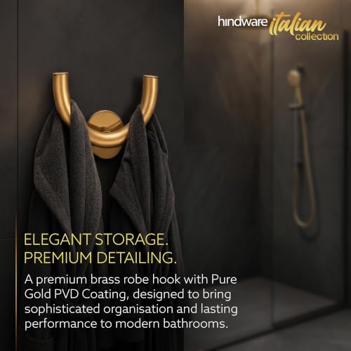 Image of Hindware Italian Collection Robe Hook for Bathroom | PVD Coated | Brass Robe Hook | Luxury Pure Gold Color Finish | Premium Bathroom Accessories Series