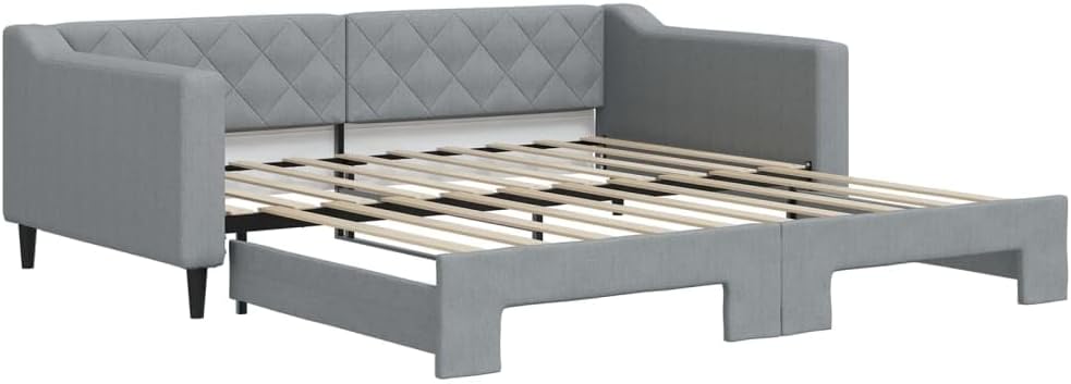 Daybed with Trundle Light Grey Fabric Upholstery Sturdy Platform Bed Frame for Bedroom and Guest Room Modern Minimalist Design Easy-Assembly Durable Foundation with Slatted Mattress-Support