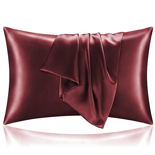 BEDELITE Satin Silk Pillowcase for Hair and Skin Burgundy Pillow Cases Standard Size Set of 2 Pack Super Soft Pillow Case with Envelope Closure (20x26 Inches)