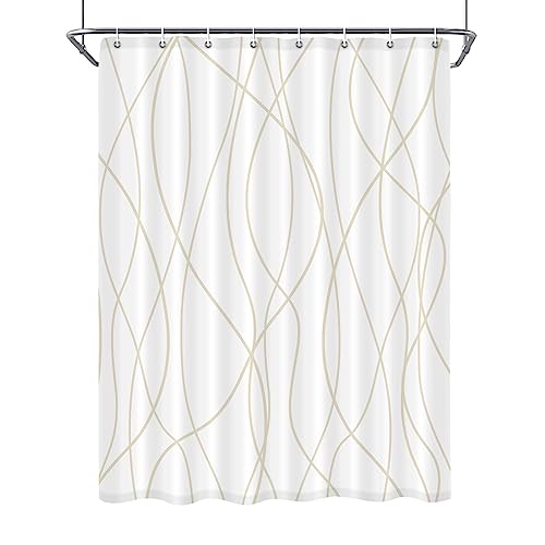 Punkray Beige Khaki Shower Curtain for Bathroom with Hooks, Extra Long Shower Curtain Set Stripe Bath Curtains Decorative White Shower Curtains Weighted Hem Water Repellent Washable, 54 x 72