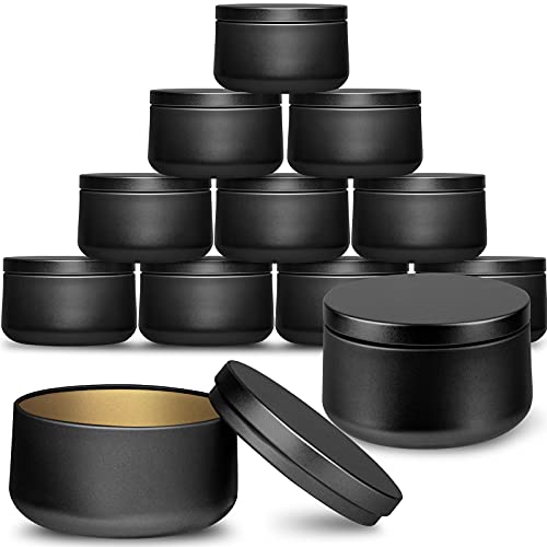 Candle Tin Cans with Lids 6-oz Candle jar,12-Pack Candle Container, Black Candle Jars, Portable Round Travel Tin Making-Candles, for Christmas Decorations, Storage and More