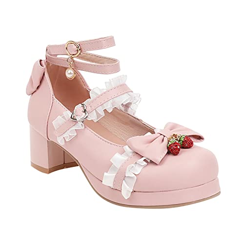 Girls Lolita Shoes Bow High Heels Mary Janes Shoes Dress Platform Strappy Kawaii Shoes Black Leather Pumps Shoes