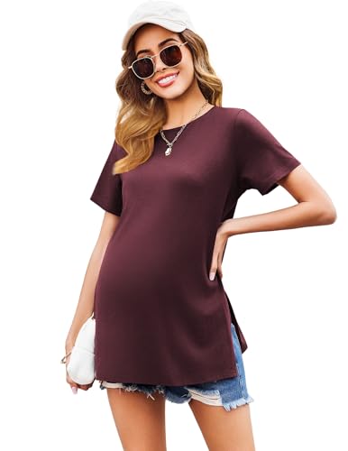 Ekouaer 3 Pack Maternity Shirts Short Sleeve Split Side Pregnancy Tops Casual Pregnant Tunic Blouse Burgundy/Brick Red/Grey Medium — view 6