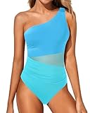 Yonique Women One Piece One Shoulder Swimsuit Mesh Bathing Suit Tummy Control Swimwear Blue Colorblock M